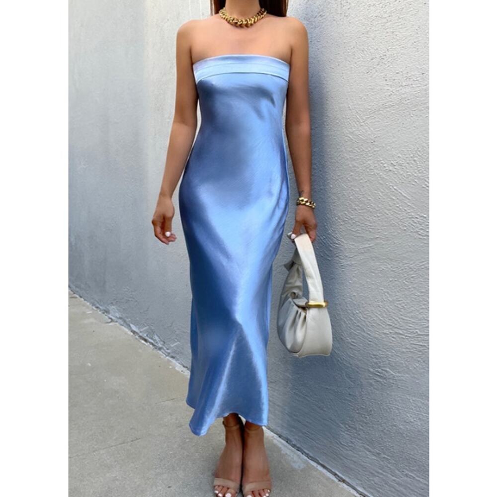 Strapless Satin Midi Dress in Light Blue